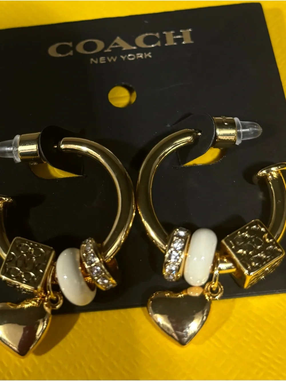 NWOT - Coach Signature Enamel Heart Cube Charm Hoop Earrings